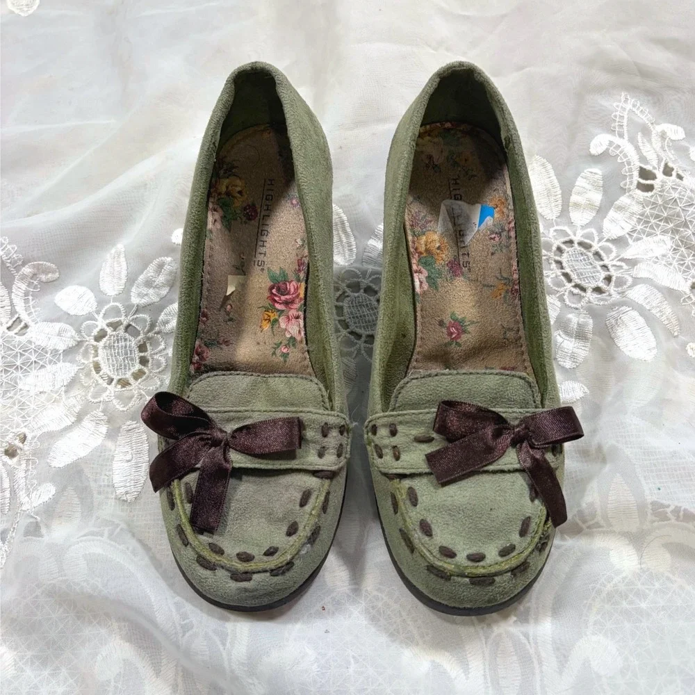 Y2K Cottage Cute Green Faux Suede Wedge Loafers Bow Whipstitch Floral Lining 6